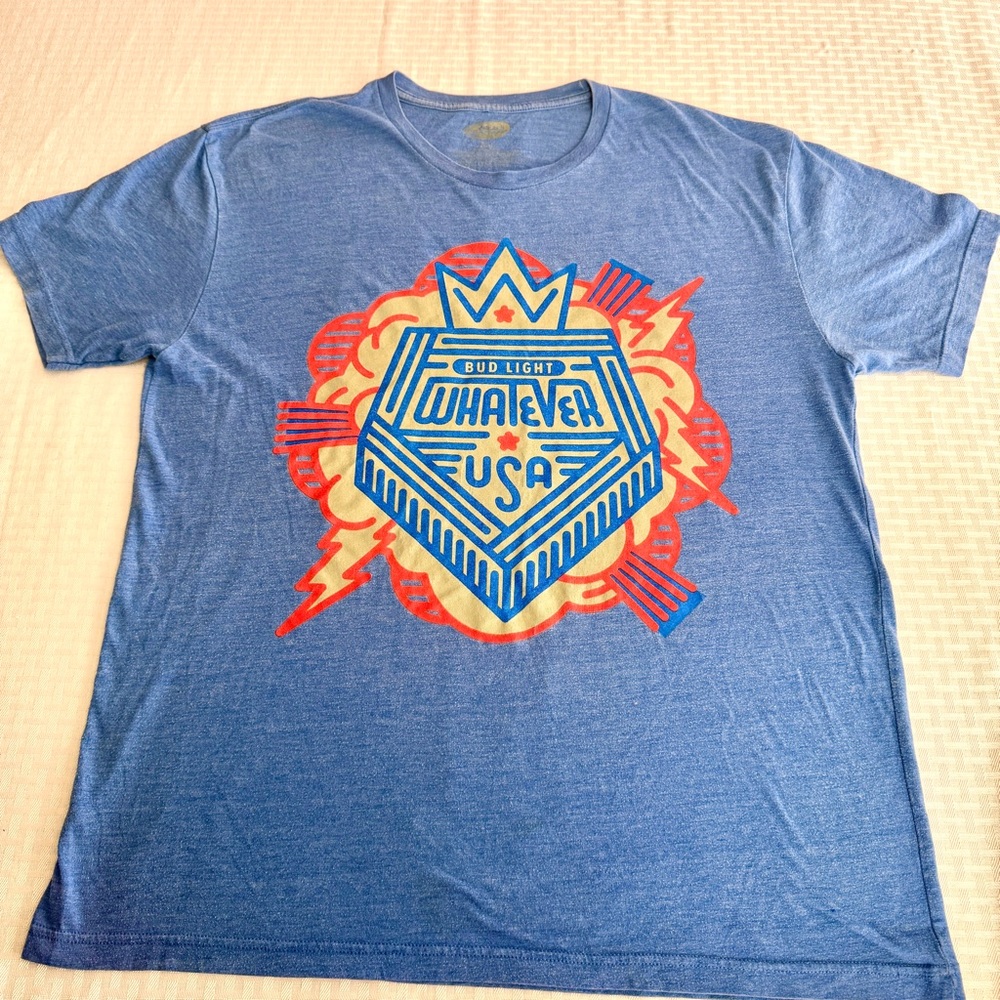 Bud Light Whatever USA Beer Graphic T Shirt XL Blue Americana‎ Tee